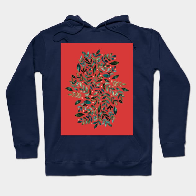 Seasonal branches and berries - green and gold on red Hoodie by wackapacka